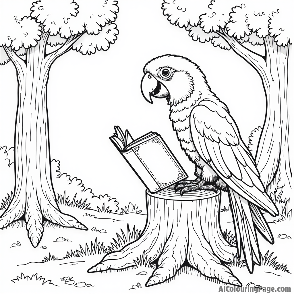 A wise old parrot reading a book while sitting on a tree stump in a magical forest clearing