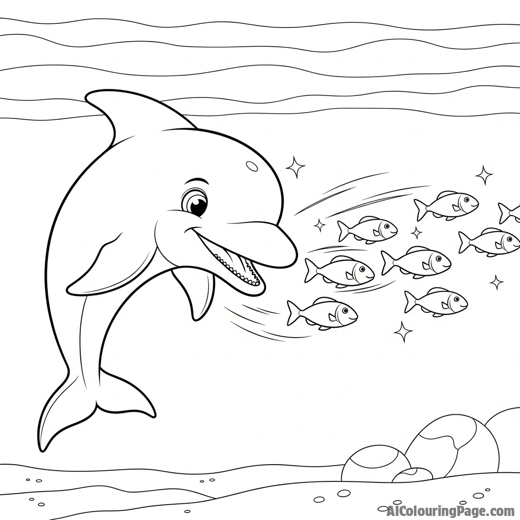 Underwater view of a dolphin hunting a school of shimmering, darting fish.