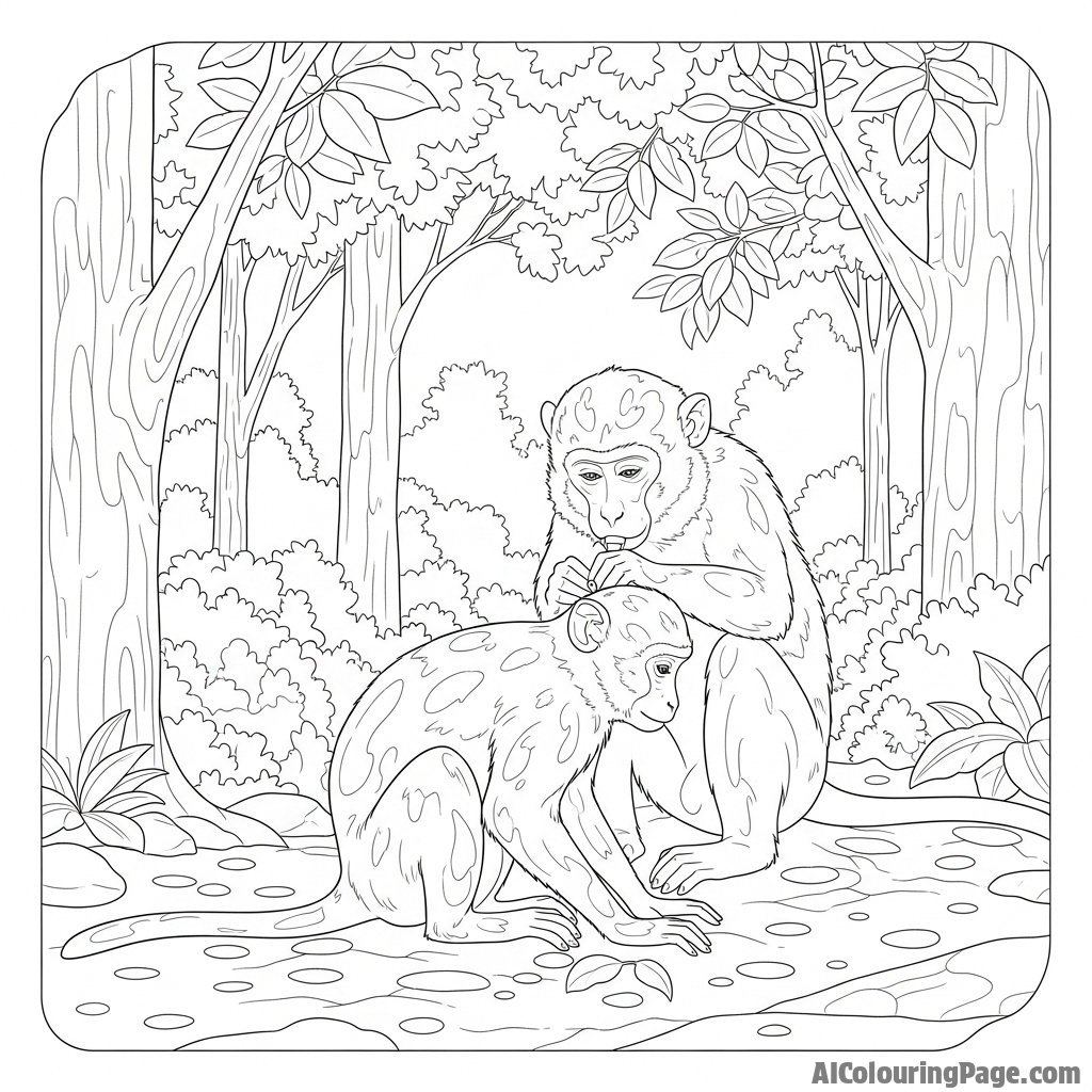 A tranquil scene of a monkey grooming another under the dappled light of the forest.