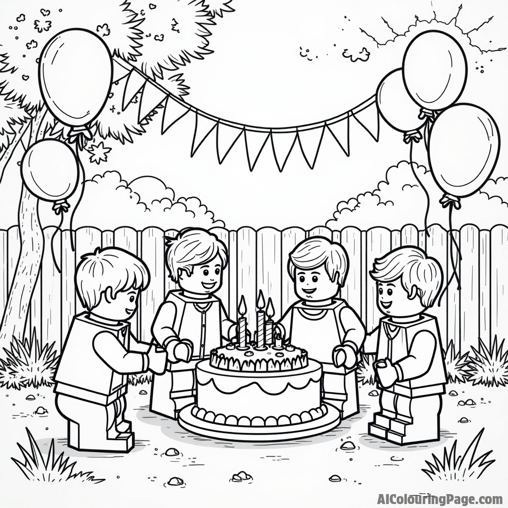 A LEGO birthday party with a cake, balloons, and kids playing games in a backyard filled with decorations.