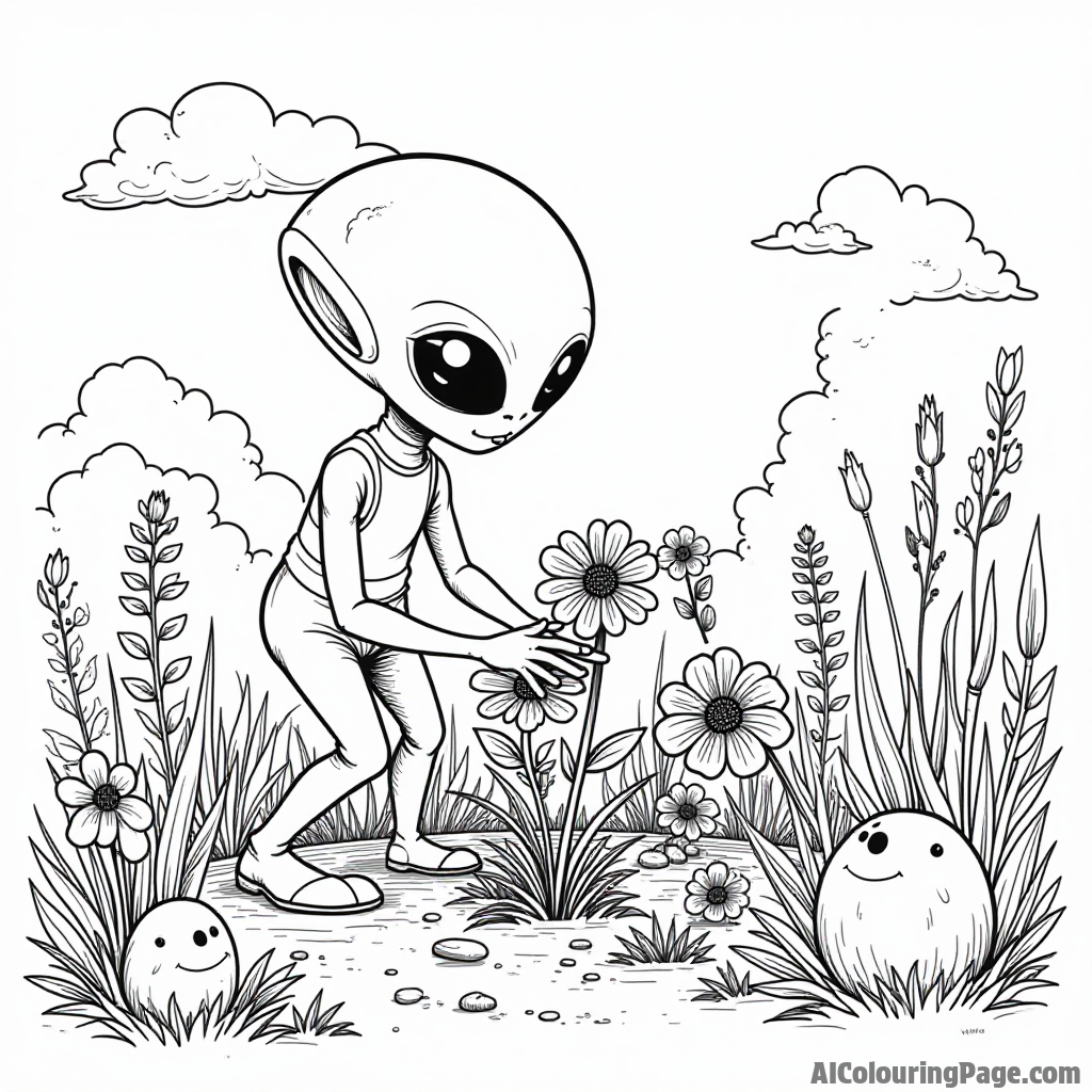 An alien gardener planting colorful flowers in a whimsical landscape with unusual creatures, a fun and engaging scene for kids.