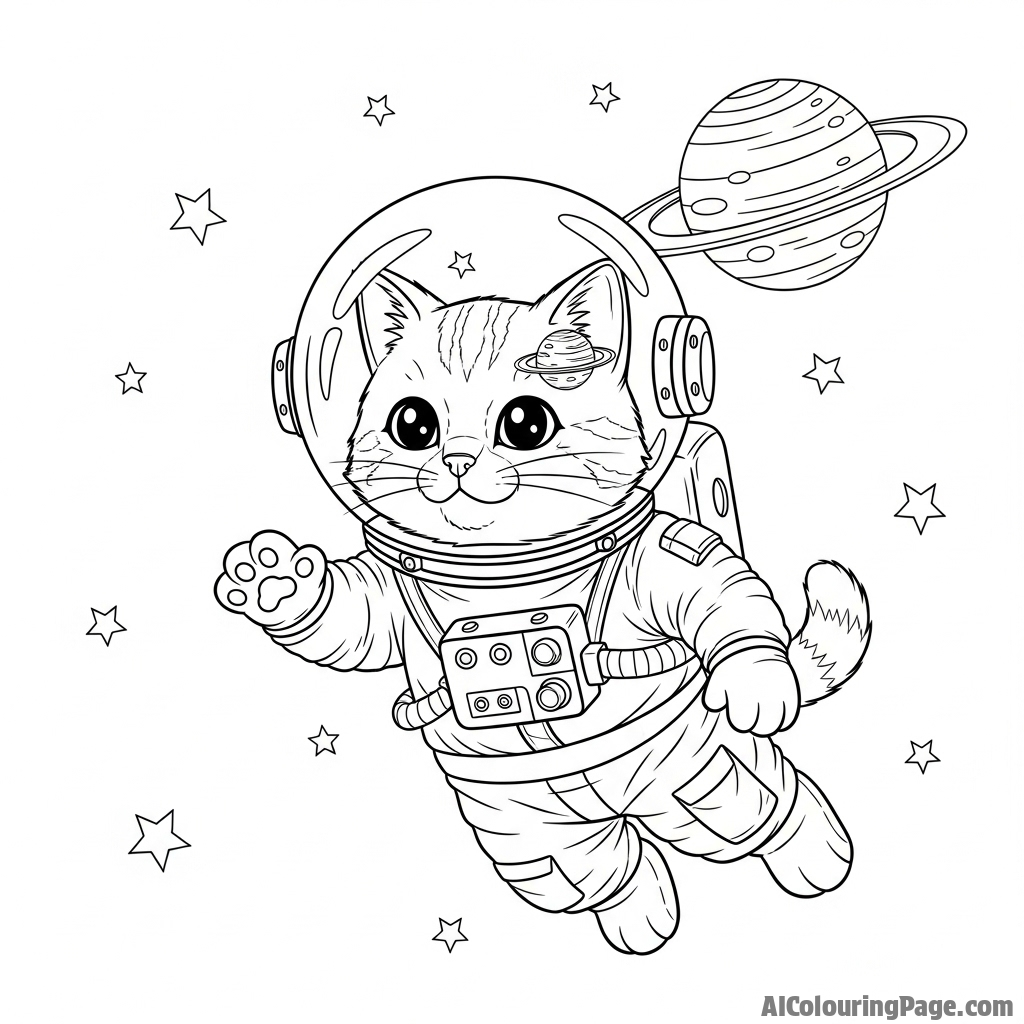 An astronaut cat in a glass helmet, floating in zero gravity with a planet in the background.