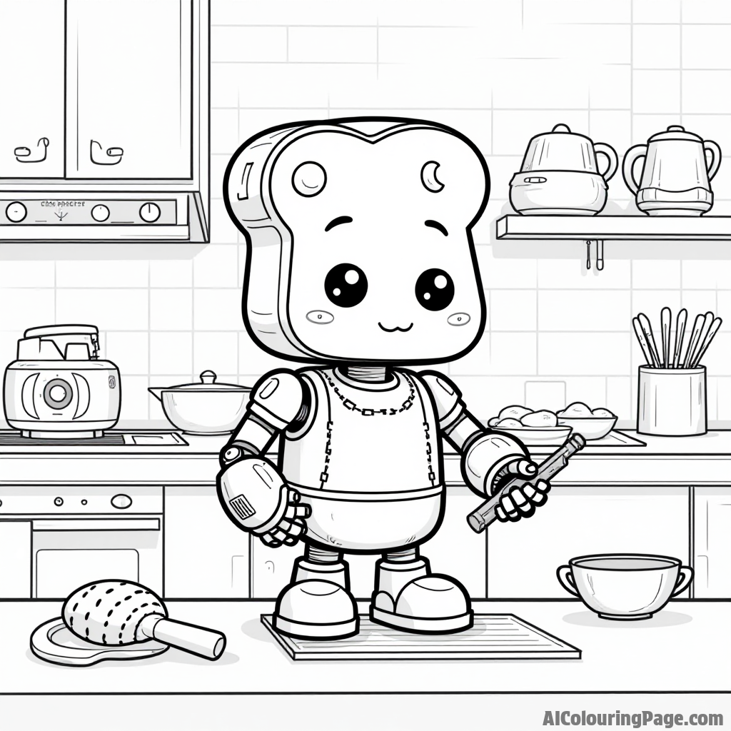 A cute bread robot baking in a futuristic kitchen, with gadgets and glowing screens displaying recipes and timers.