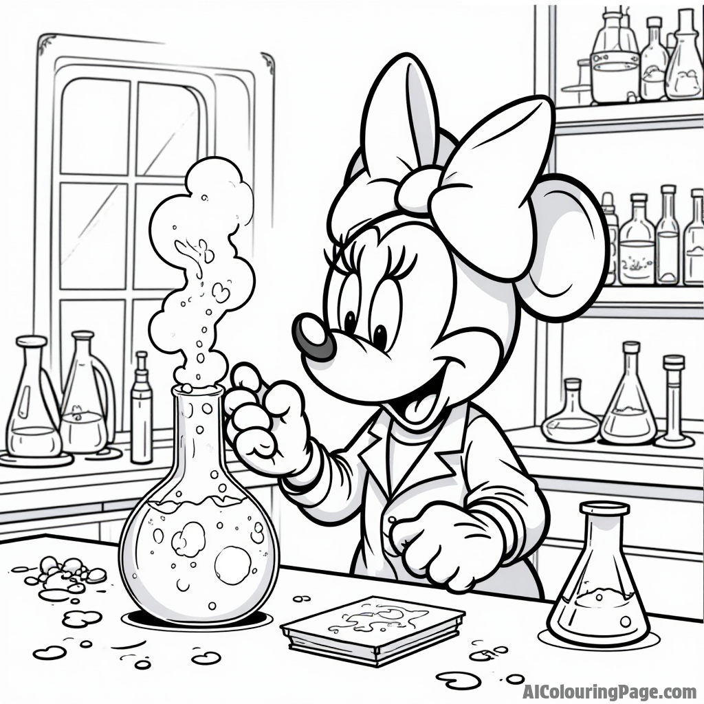 Minnie Mouse in a science lab, observing bubbling potions and colorful experiments, with beakers and test tubes scattered on the table