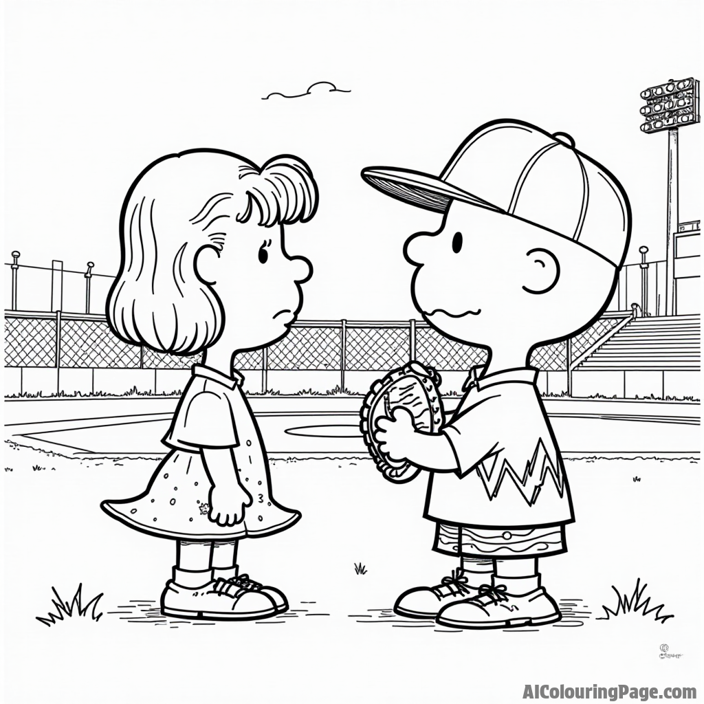 Peppermint Patty giving a baseball lesson to Charlie Brown with a bat, glove, and a baseball diamond in view