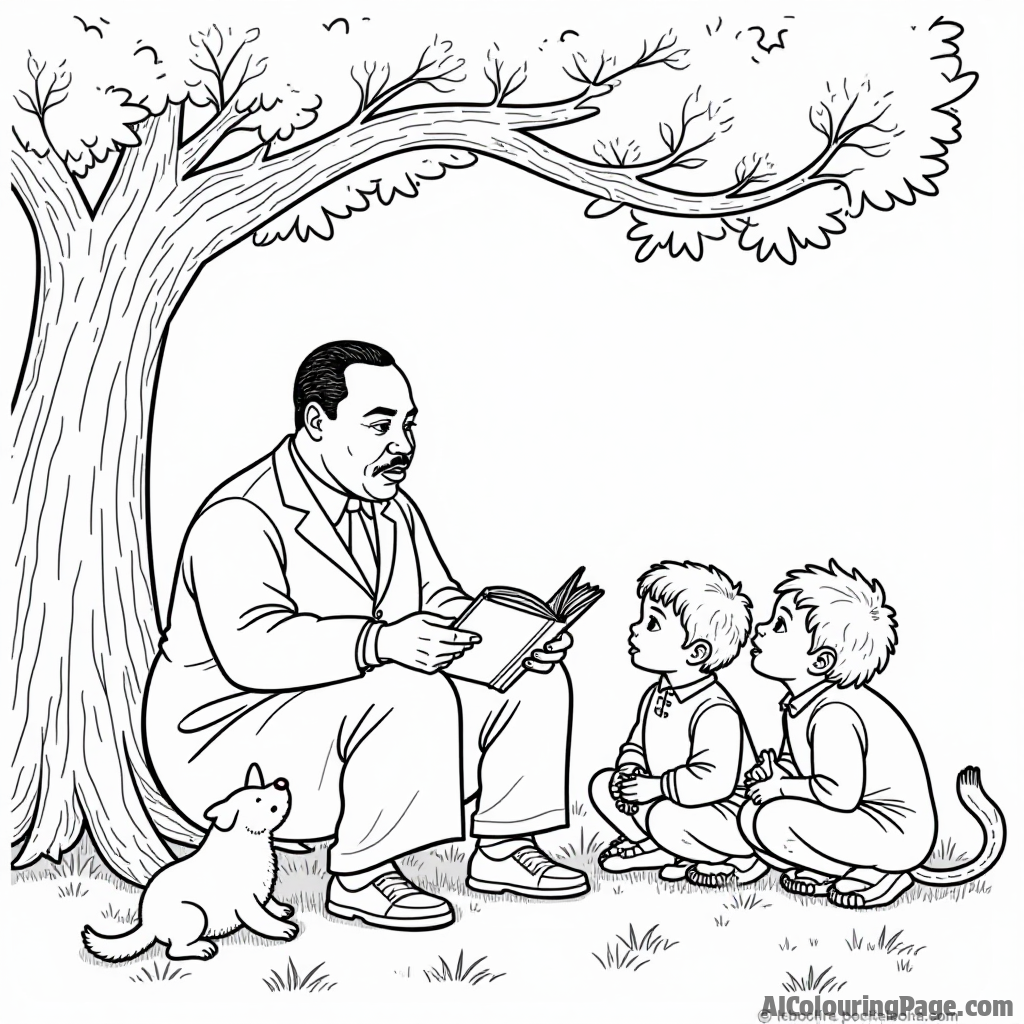 An illustration of Martin Luther King Jr. reading a story to children under a tree, with animals listening curiously, creating an enchanting scene for kids to color.