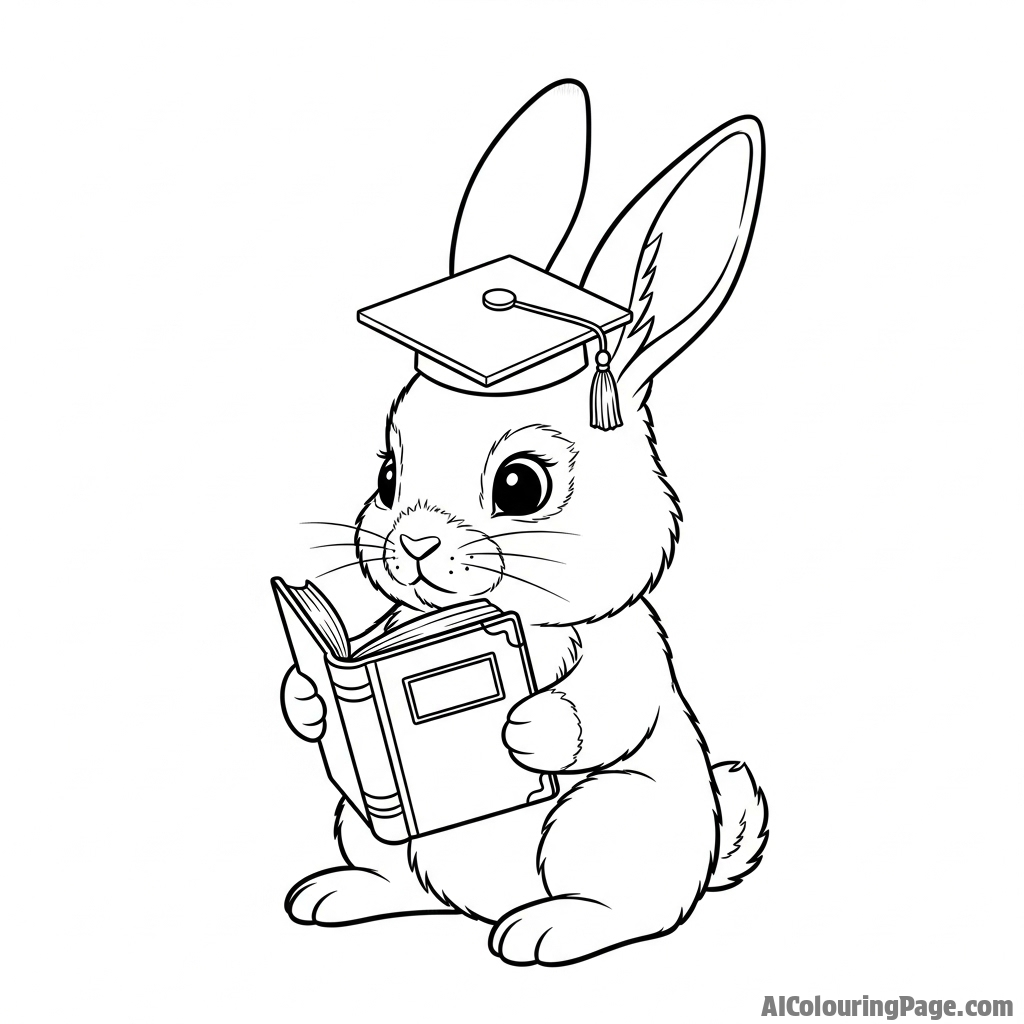 A rabbit wearing a tiny scholar's cap, reading a miniature, leather-bound book.