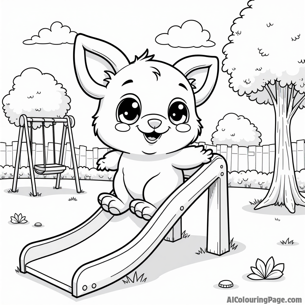 A playful Hatchimal sliding down a colorful slide at a park, with swings and trees in the background, inviting children to add their favorite colors in this Toys and Games Coloring Pages theme.