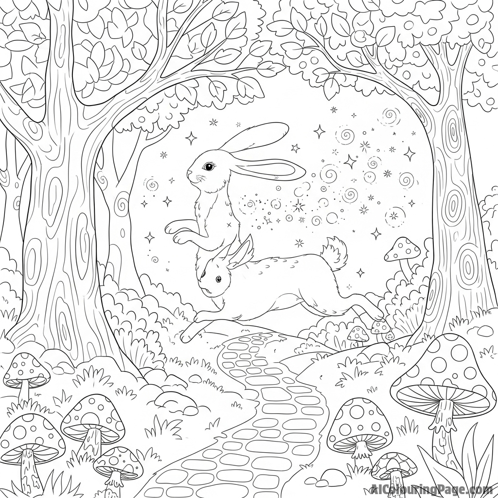 A rabbit leaving a trail of shimmering dust in a magical forest.