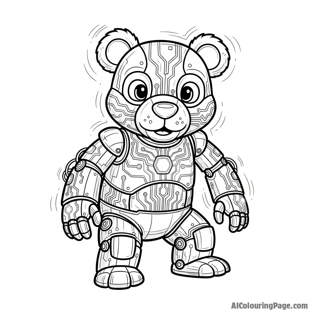 A cybernetic bear with glowing circuits and metallic limbs.