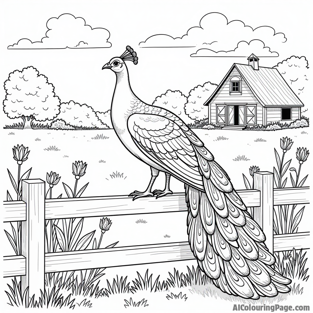 A peacock sitting on a fence with a barn in the background and flowers growing all around in a countryside setting