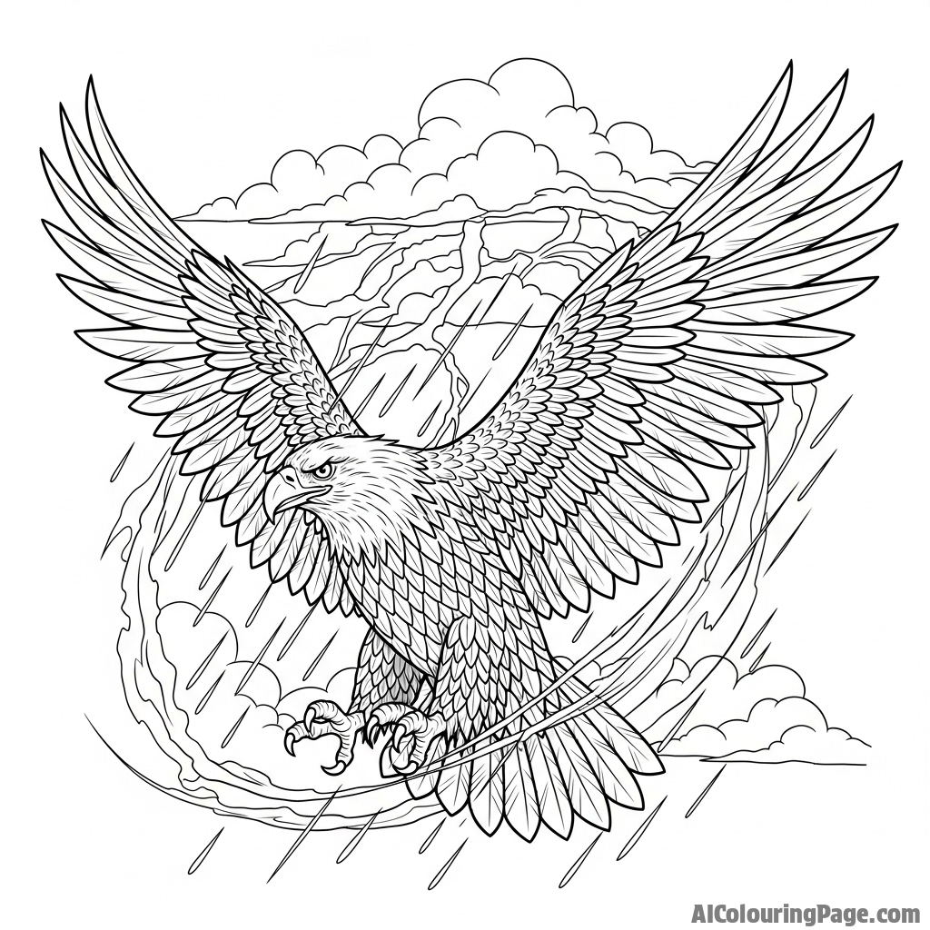 Eagle fighting against a storm, determination.