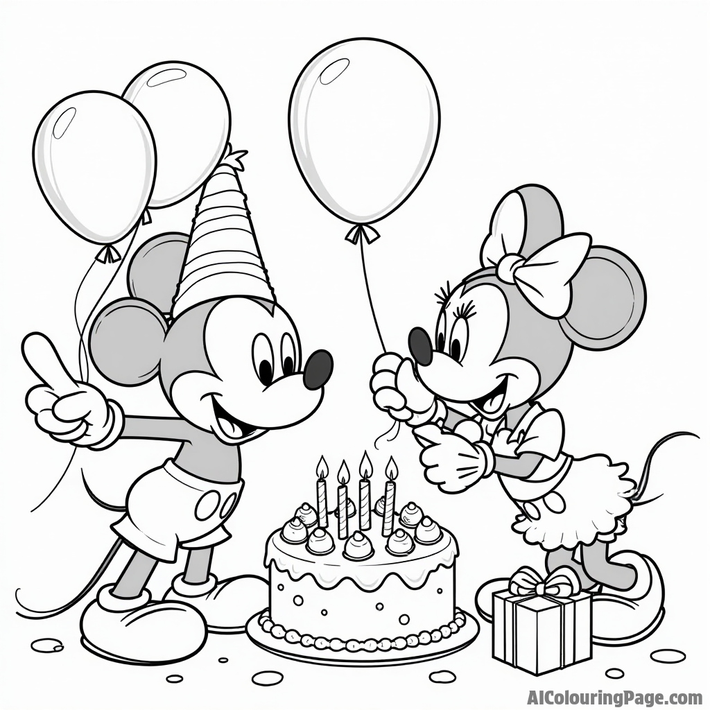 Mickey Mouse and friends having a birthday party, with balloons, a cake, and presents to unwrap.