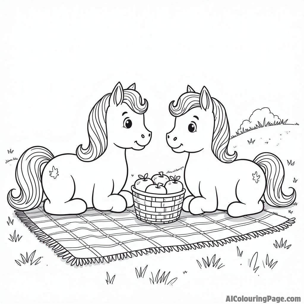 A group of ponies having a picnic on a grassy hill with a basket of apples and a checkered blanket.