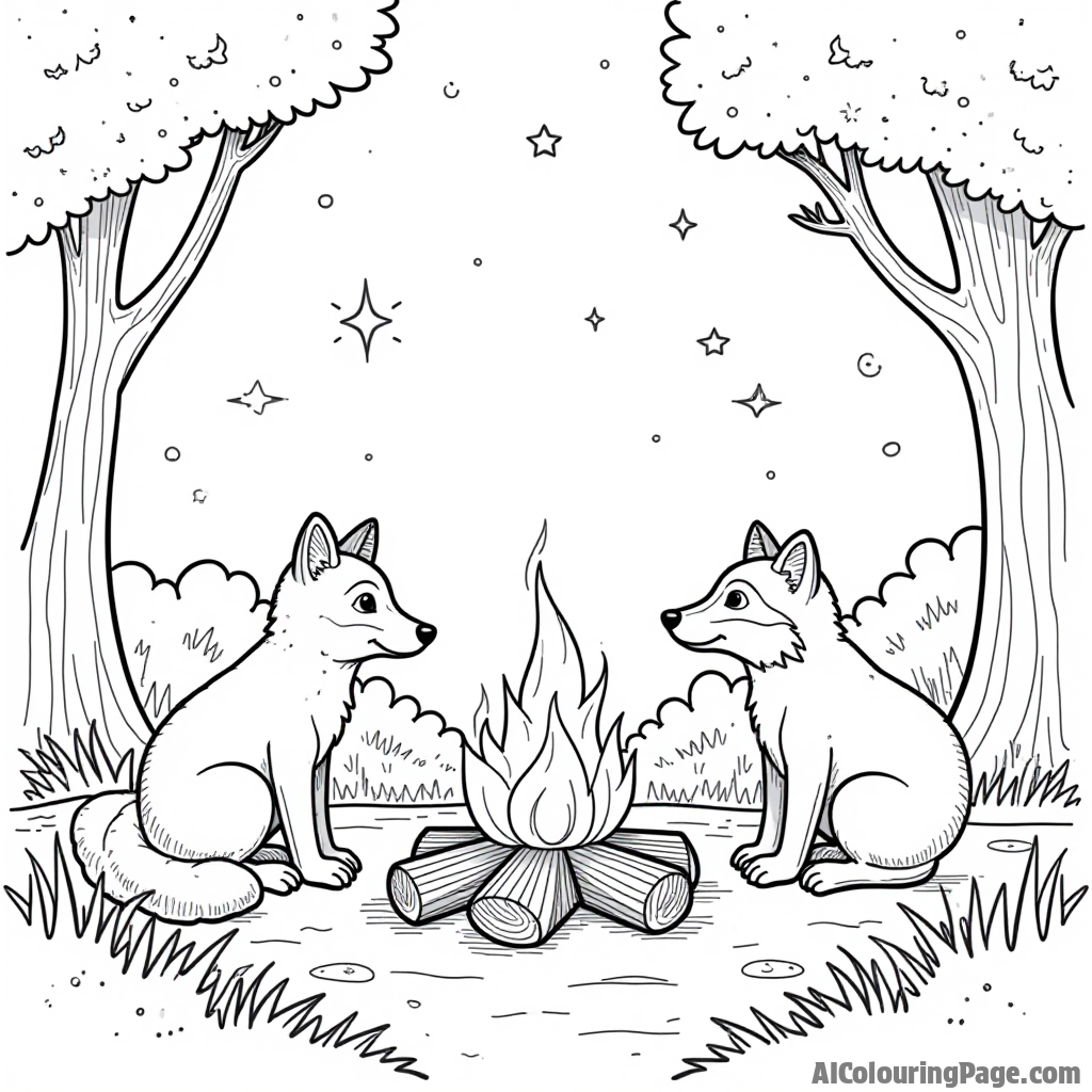 A cozy campfire surrounded by jungle animals like a fox and raccoon, under a starry sky, inviting children to unleash their creativity in a fun and adventurous nighttime coloring page.