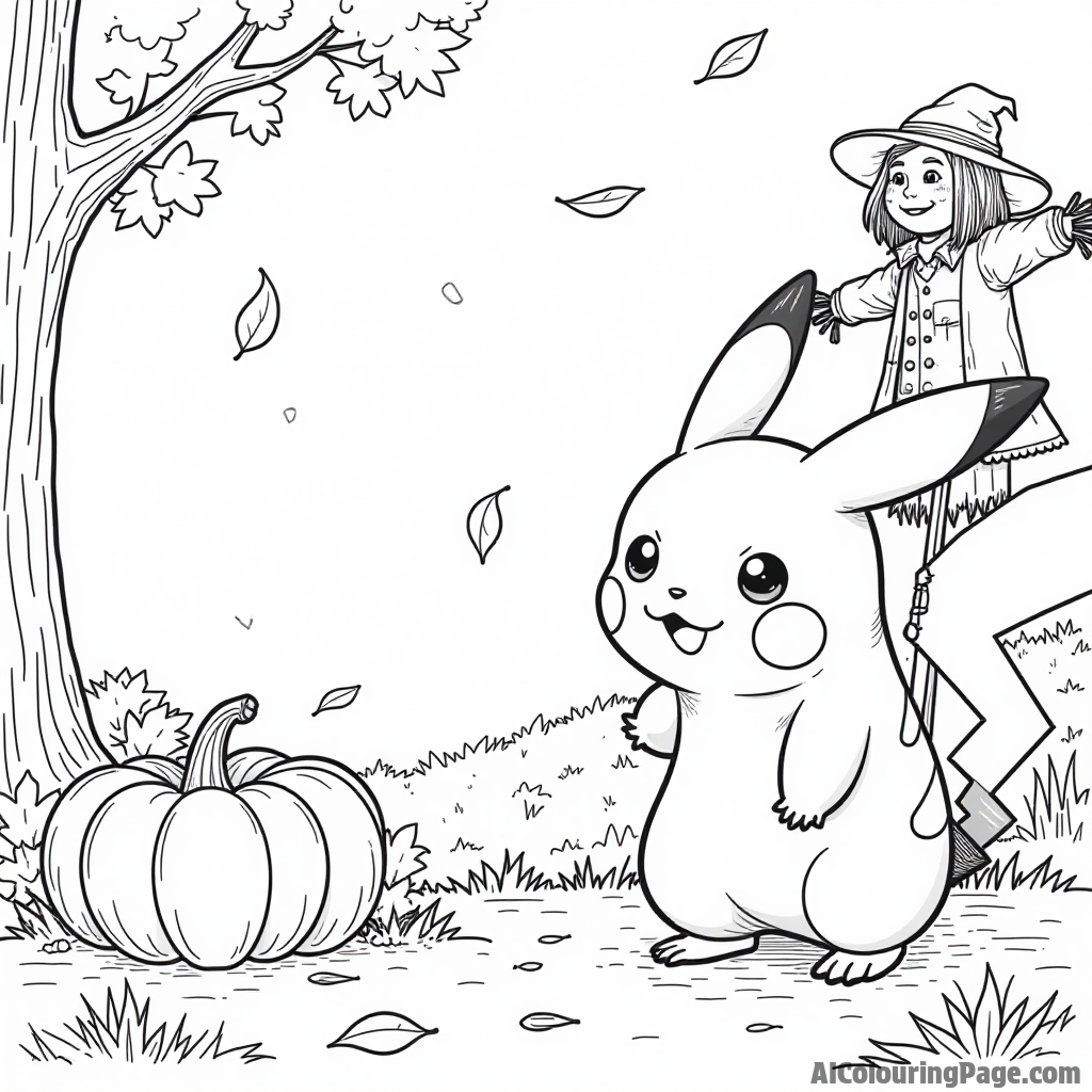 Pikachu exploring a pumpkin patch during autumn with leaves falling and a scarecrow watching