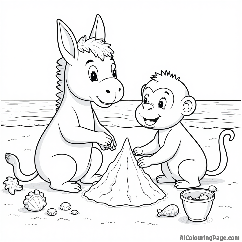 A donkey and a monkey building sandcastles on a beach, with seashells and beach toys scattered around