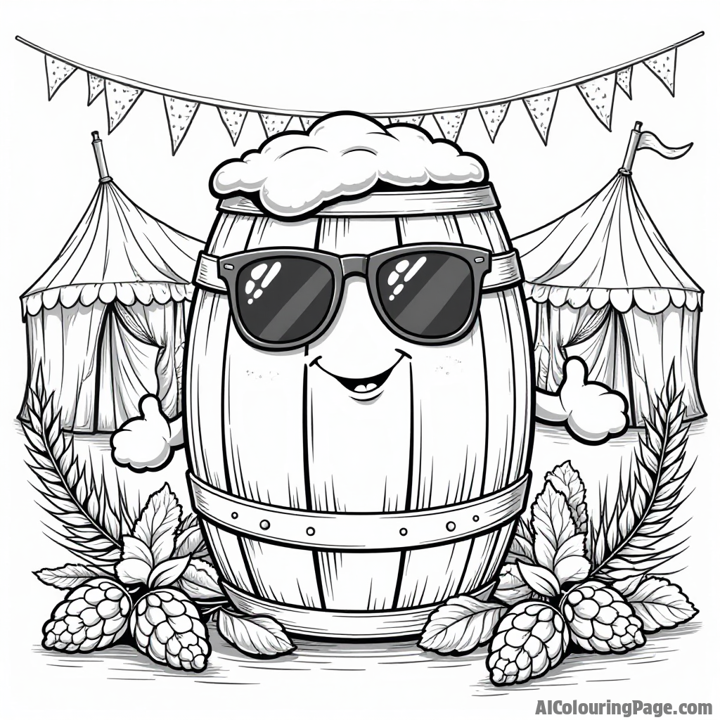 A playful illustration of a friendly beer barrel character wearing sunglasses, surrounded by hops and wheat, with a background of festive tents and banners for Oktoberfest.