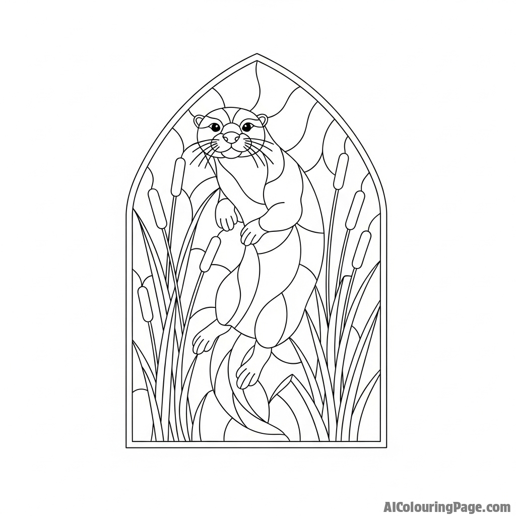 A stained glass window design featuring a graceful otter surrounded by reeds.