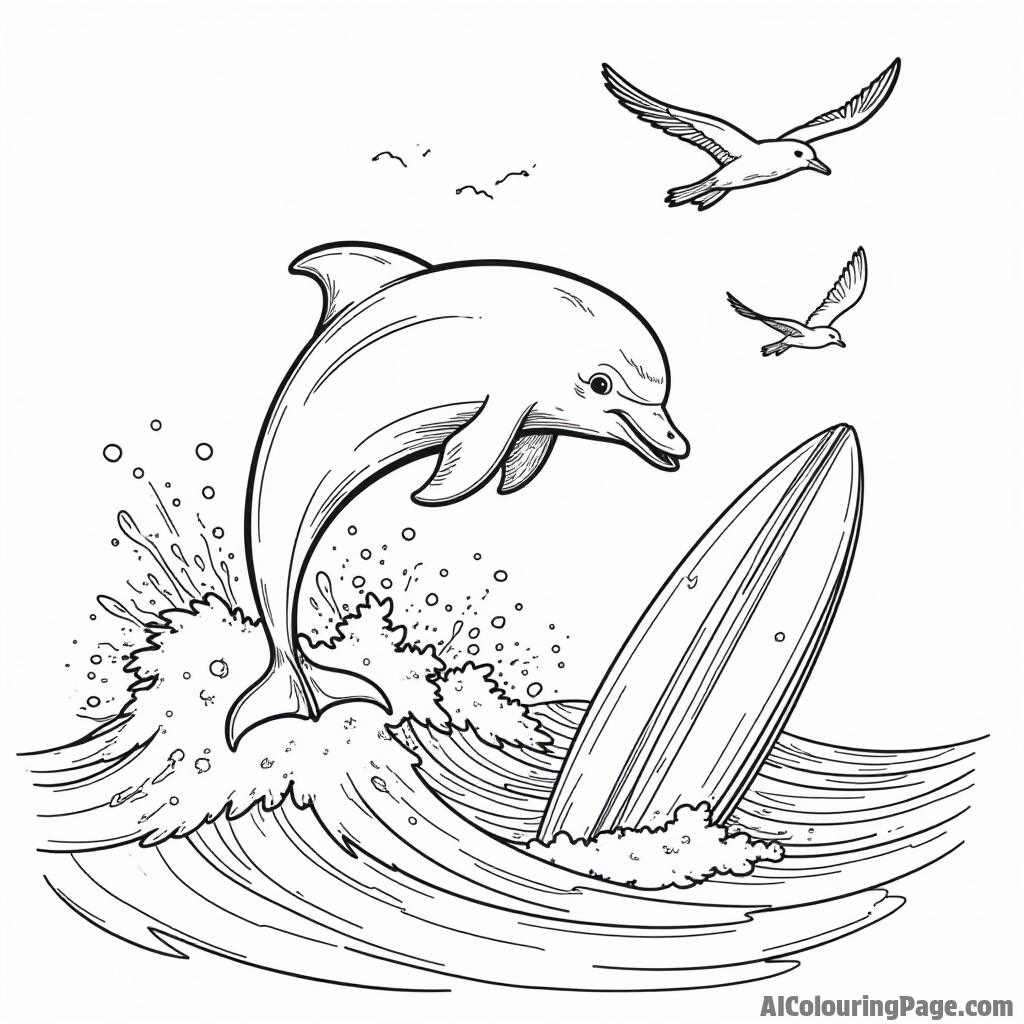 A playful dolphin jumping out of the ocean waves with a surfboard floating nearby and seagulls flying above.