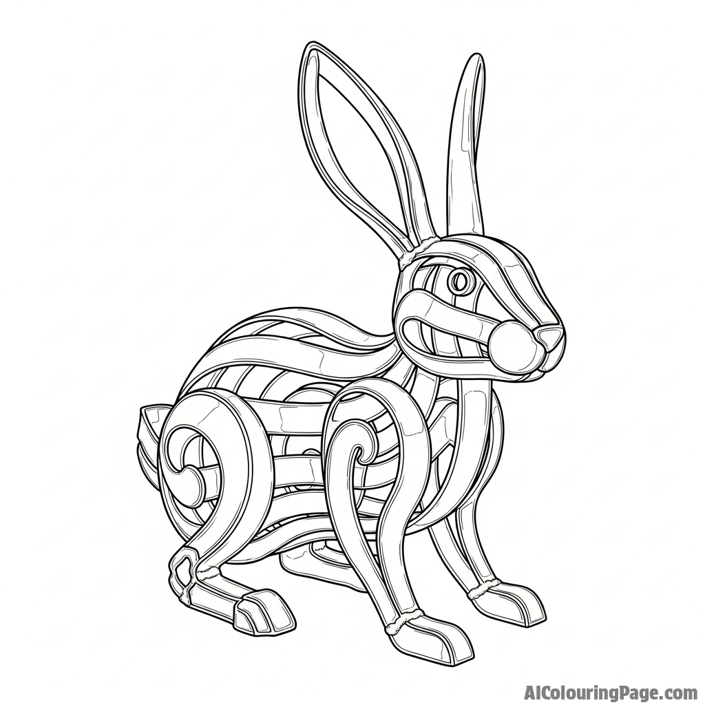 An abstract sculpture of a rabbit, crafted from bent and welded metal.
