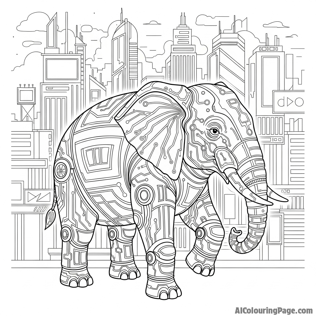 A futuristic, cybernetic elephant with glowing circuits in a neon-lit cityscape.