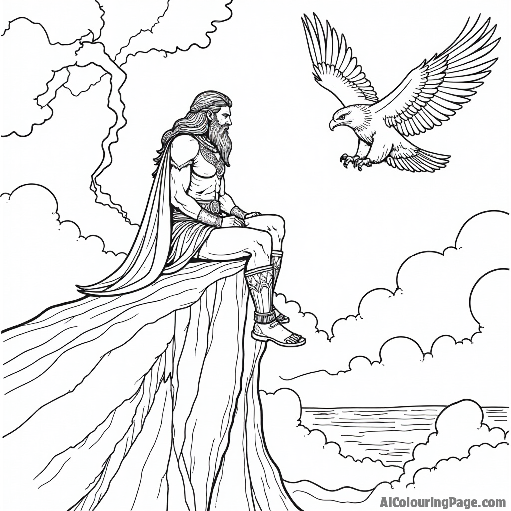 A mystical Norse god sitting atop a cliff, surrounded by thunder clouds and lightning, with a majestic eagle soaring nearby, inviting children to explore mythology through coloring.