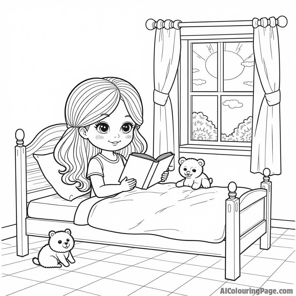 A cozy bedroom scene with a doll reading a book on a bed, surrounded by stuffed animals and a window showing a sunny day, perfect for coloring.