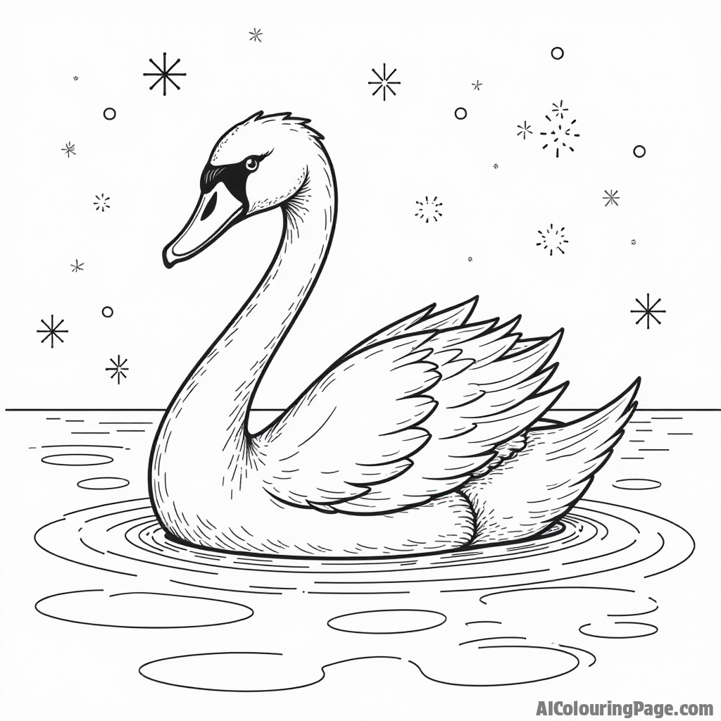 A graceful swan gliding on a frozen lake, with delicate ice patterns and snowflakes around, giving a serene and magical atmosphere for kids to color in their own style.