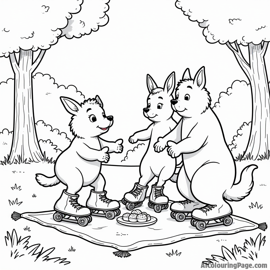 A group of animals roller-skating at a park picnic, with a blanket and snacks, showcasing friendship and fun in sports activities in an engaging black and white coloring scene.