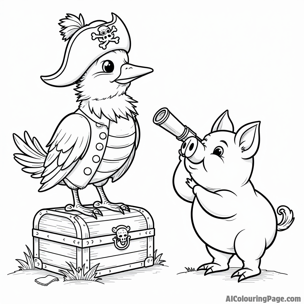 A bird dressed as a pirate standing on a treasure chest with a map while a pig looks through a telescope