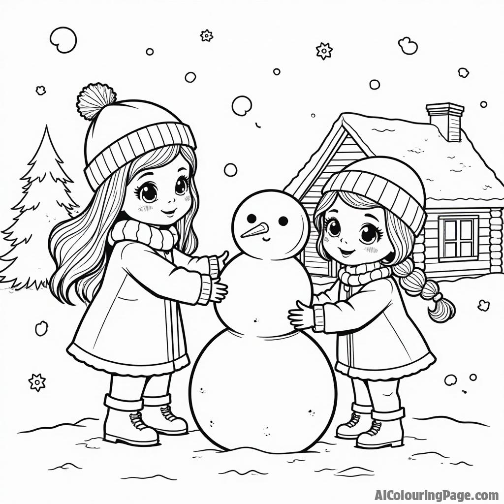 A doll and her friends building a snowman in winter, with snowflakes falling and a cozy cabin in the background, perfect for a seasonal coloring page.