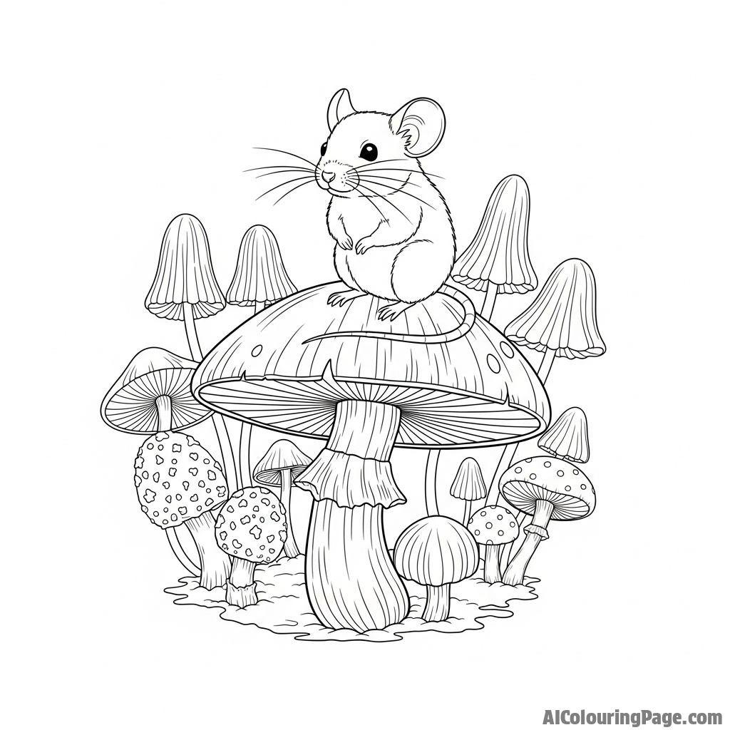 A mouse sitting on a mushroom in an enchanted forest, surrounded by bioluminescent fungi.
