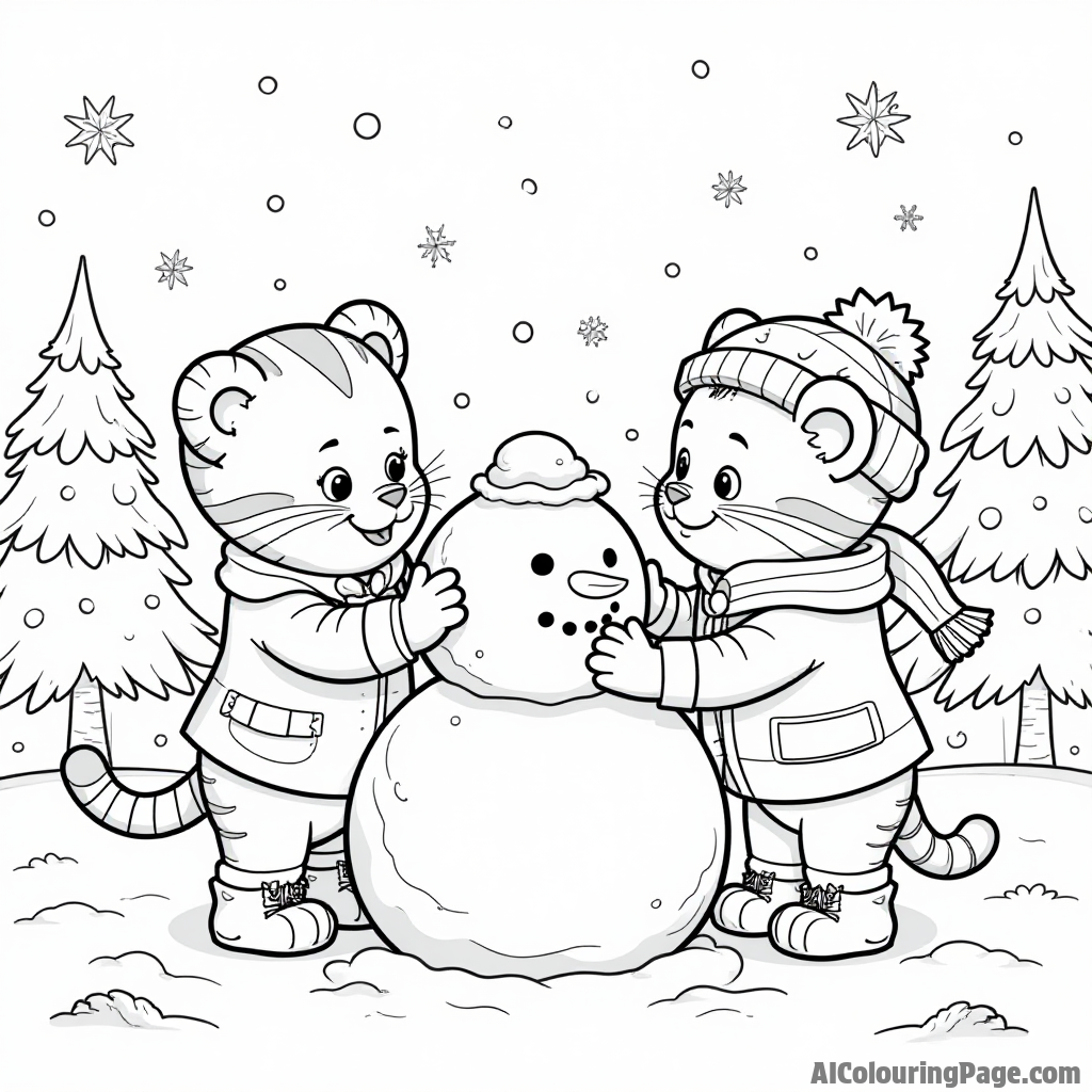 Daniel Tiger and Katerina Kittycat building a snowman in a winter wonderland with snowflakes falling and pine trees around.