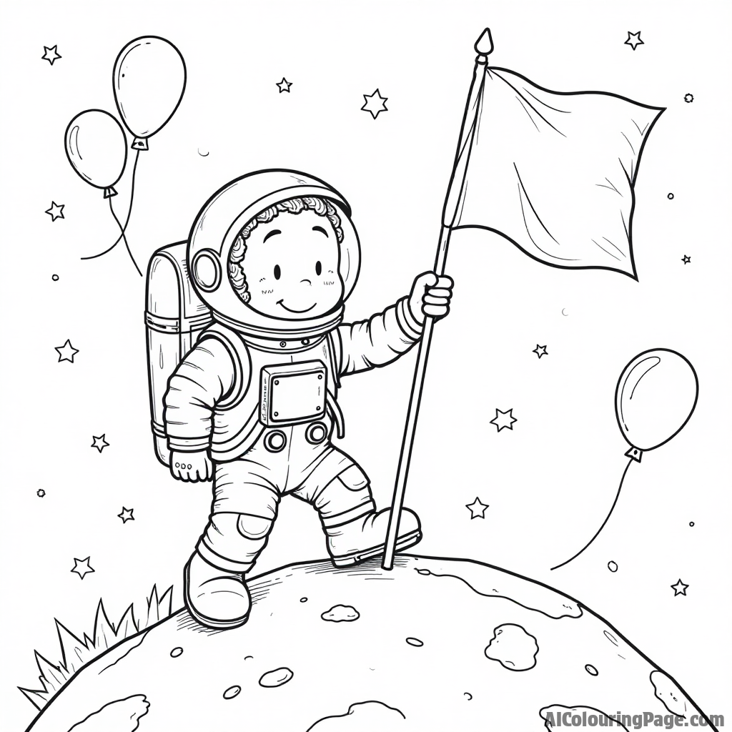 A cheerful astronaut planting a flag on a planet, with three floating balloons and a backdrop of distant stars.