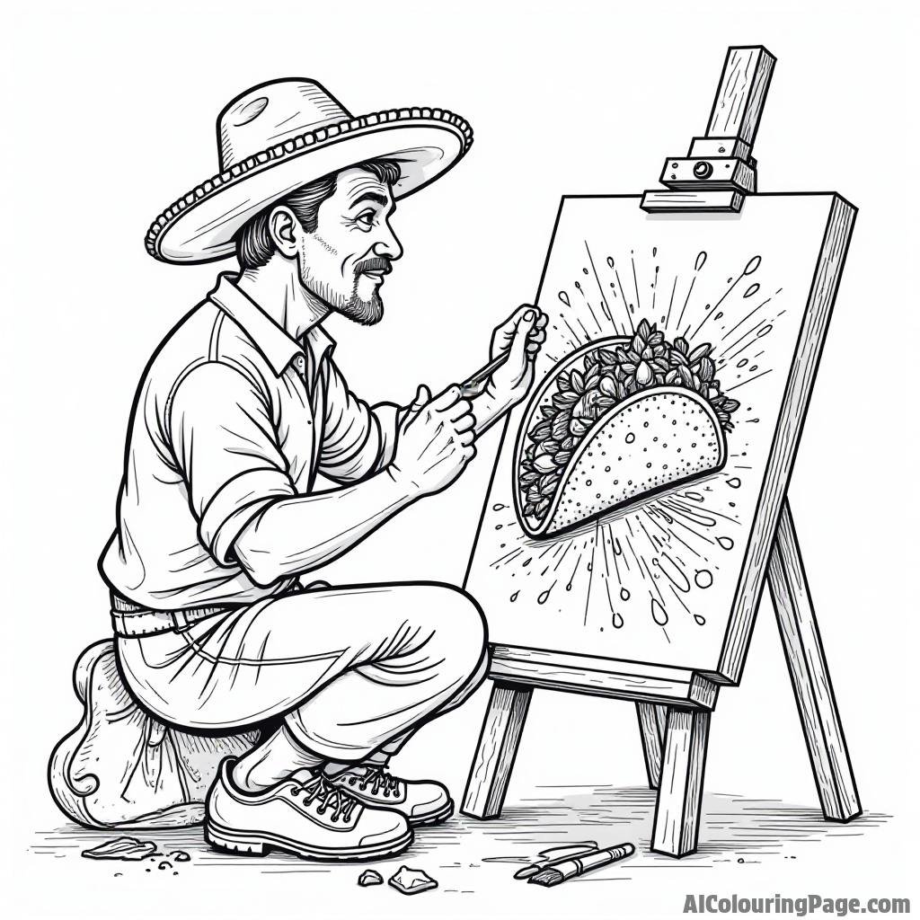 A taco artist painting a taco masterpiece on a canvas, with splashes of colors and brushes scattered around.