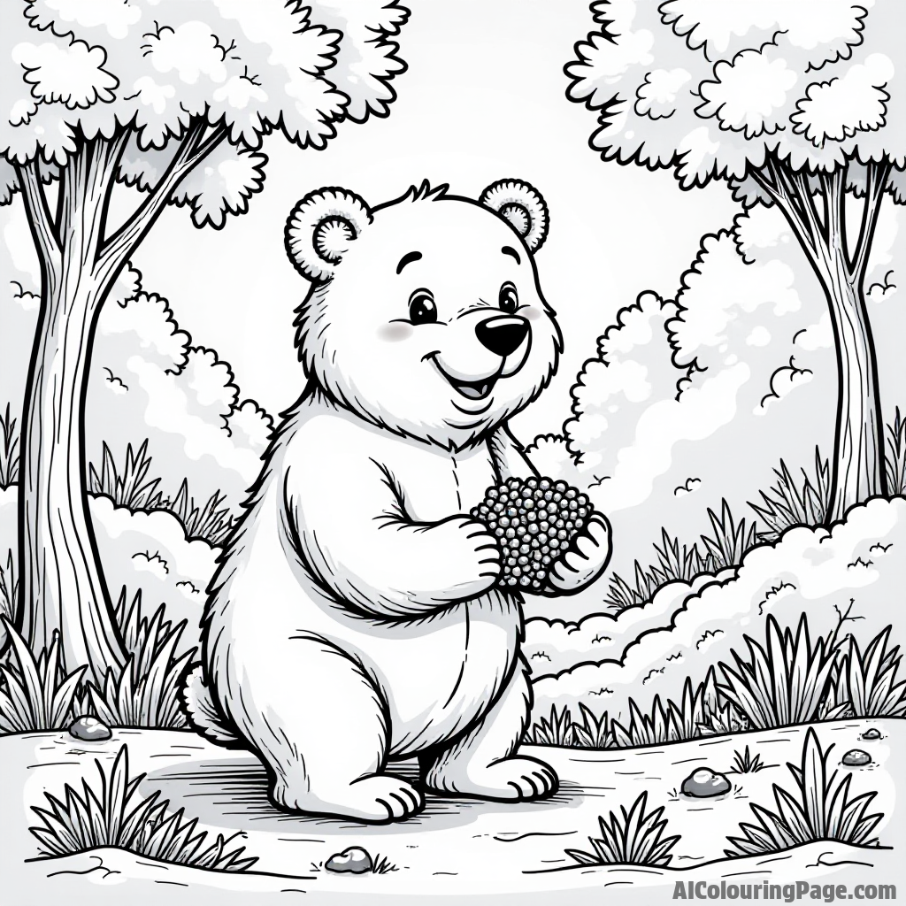 A friendly bear gathering berries in a vibrant forest, with trees changing colors and a clear sky above.