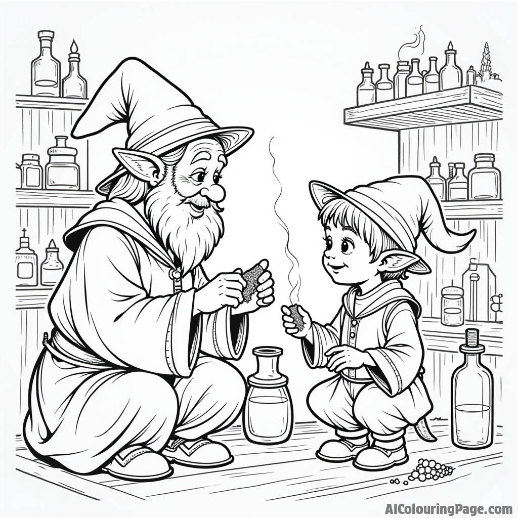 A wise old elf giving a potion to a curious young elf, surrounded by shelves of magical ingredients, crafting a charming and mystical scene for children to bring to life in black and white.