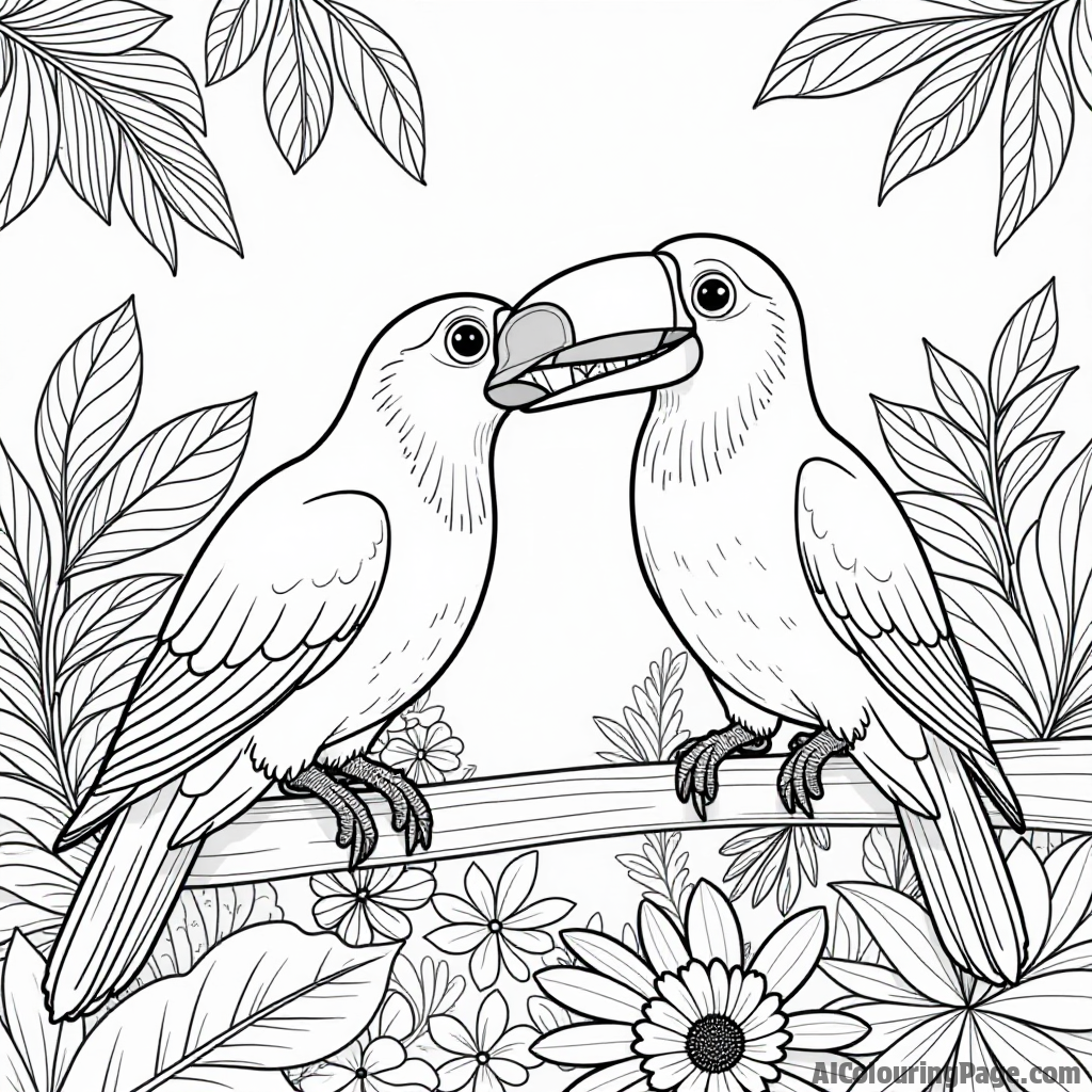 Two toucans sharing a fruit in a vibrant rainforest filled with exotic plants and flowers for children to color.