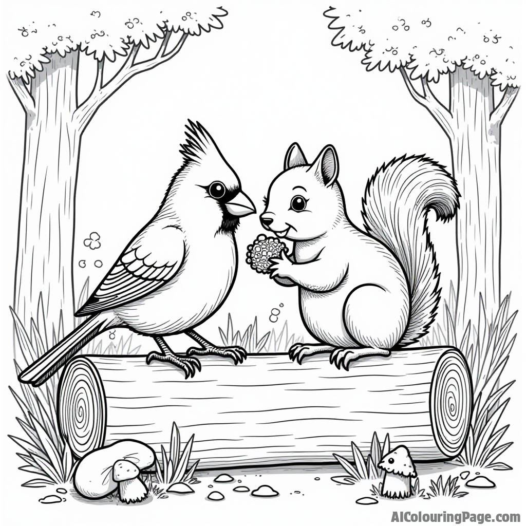 A cardinal and a squirrel sharing a snack on a log, with trees and mushrooms in the background for creative coloring.