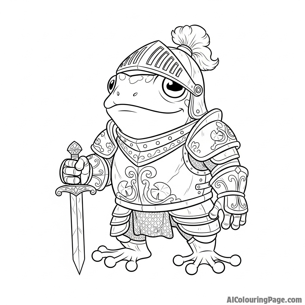 A fantasy scene of a frog knight in ornate armor, wielding a tiny sword.