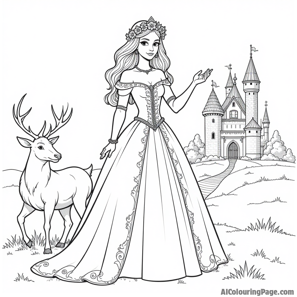 A Viking princess wearing a beautiful dress, holding a flower crown, with a castle in the background and a friendly deer nearby, representing the enchanting side of history.