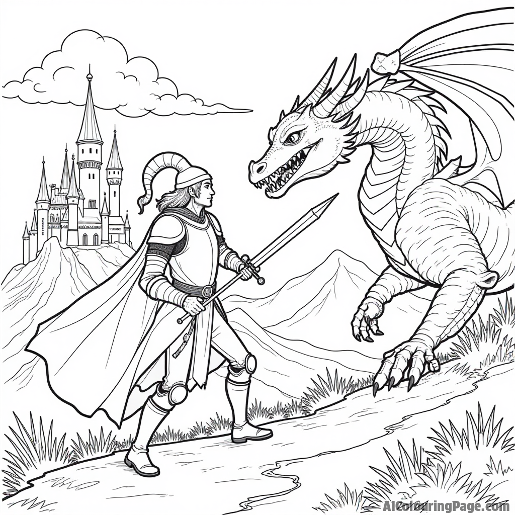 A brave elf knight battling a dragon in a fantastical landscape, with castles in the background, providing an exciting adventure scene for kids to color in their own style.