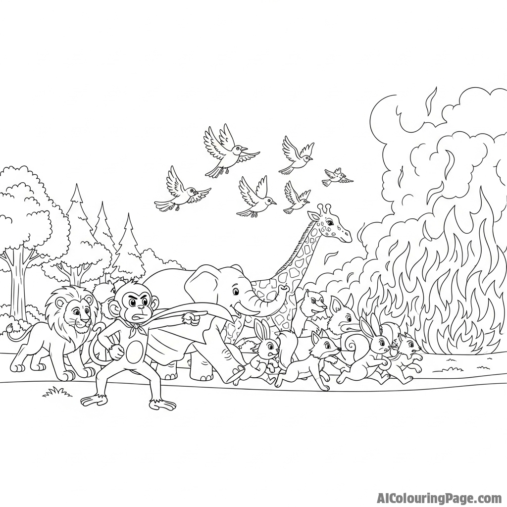 A heroic monkey leading other animals away from a spreading forest fire.