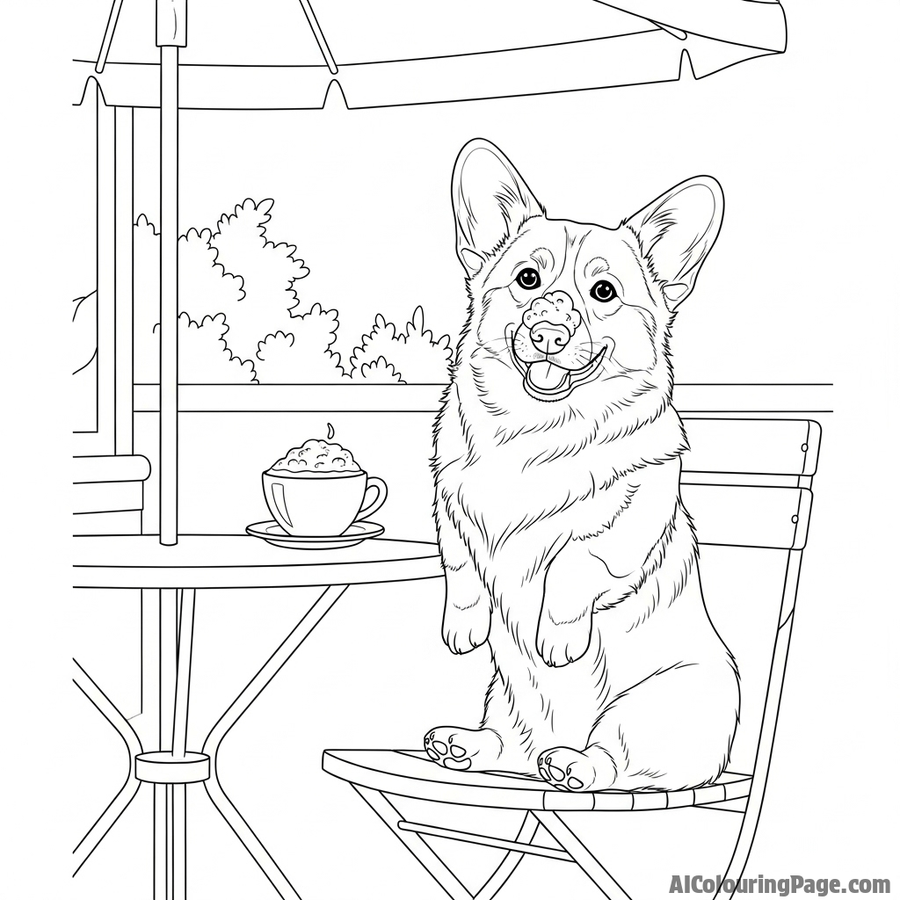 A corgi enjoying a puppuccino at an outdoor cafe, with foam on its nose.