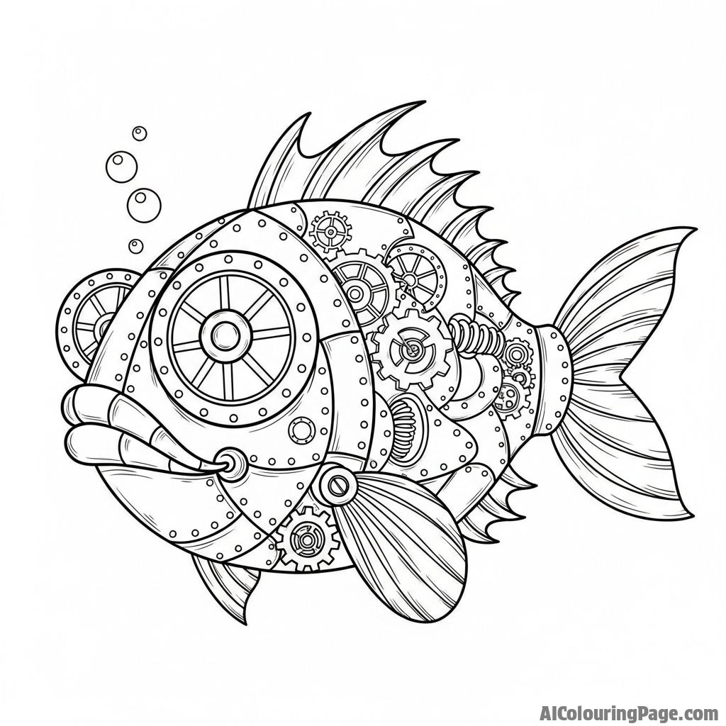 A mechanical, steampunk fish with gears and cogs for scales.