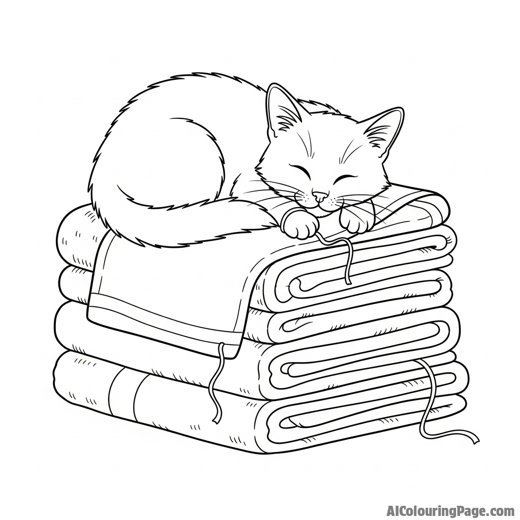 A cat peacefully dozing on a stack of freshly laundered towels.