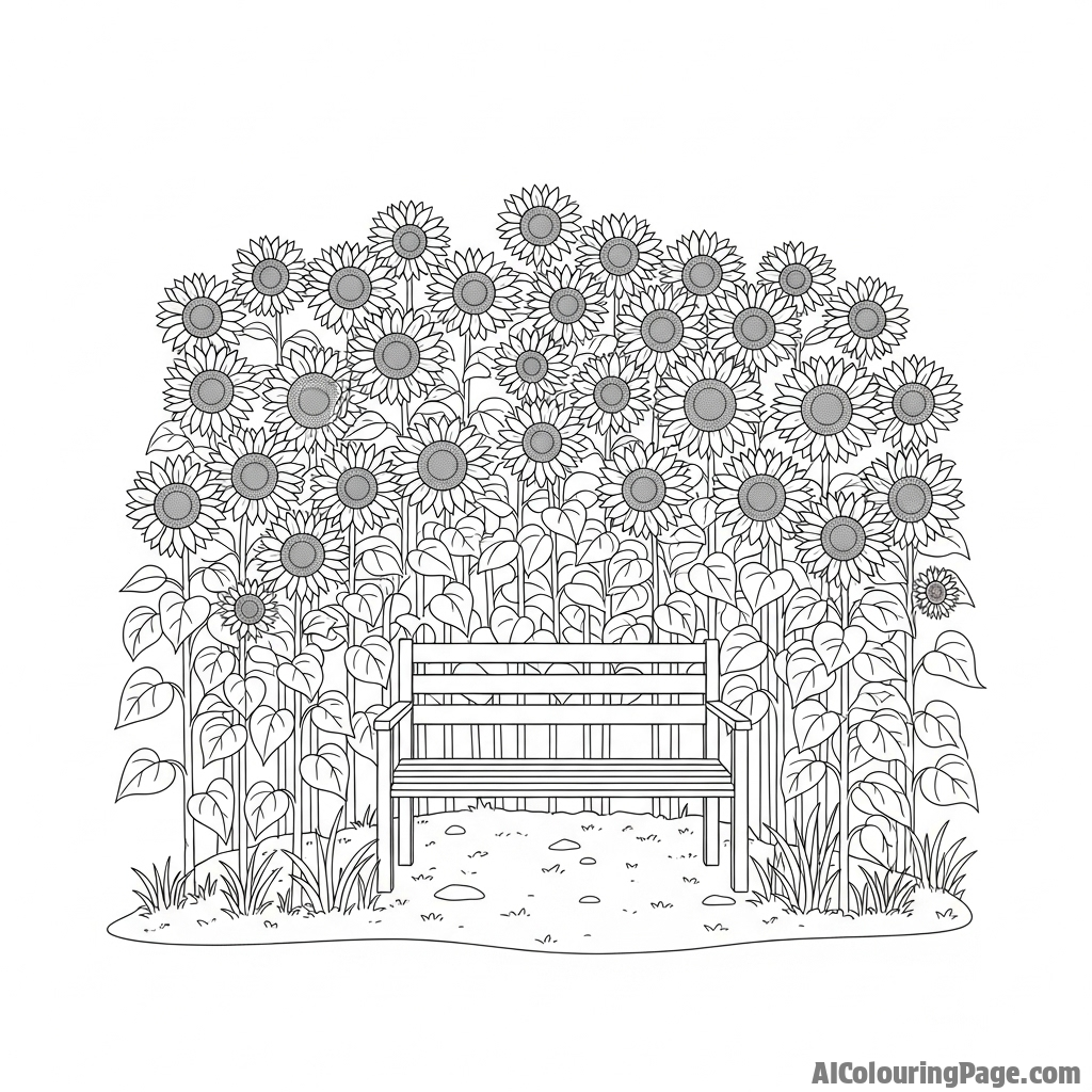 A hidden bench nestled amidst towering sunflowers.