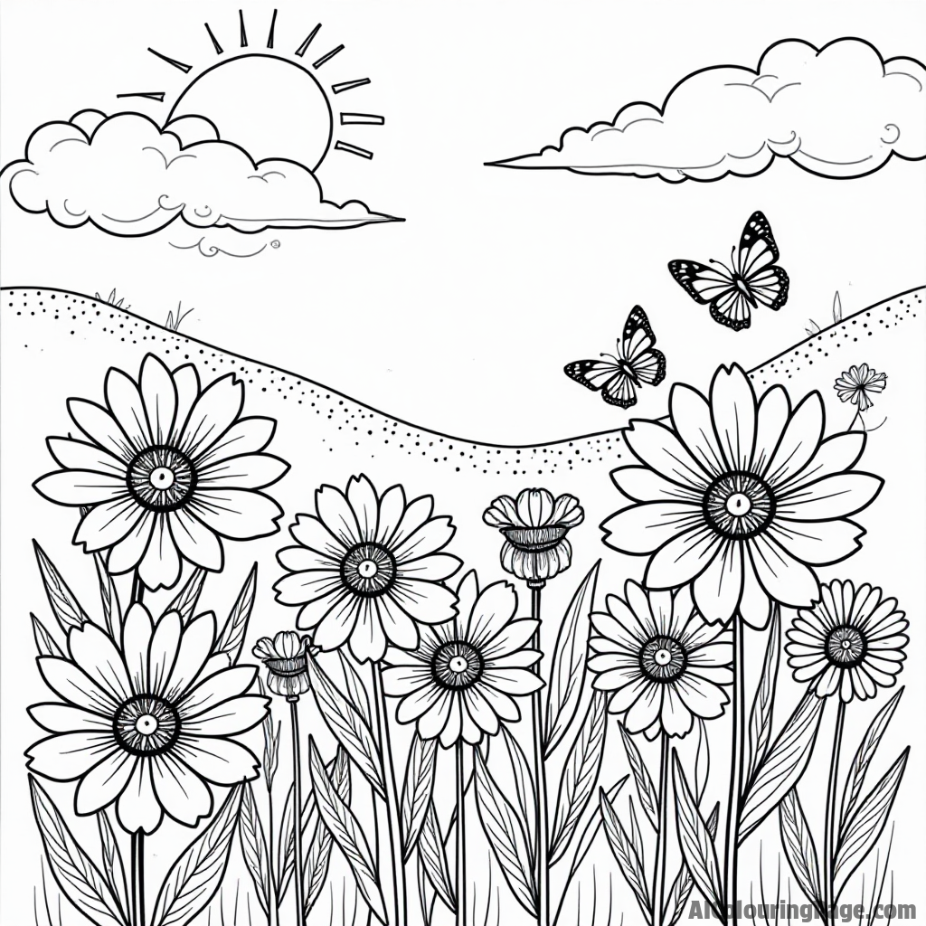 A vibrant garden filled with African flowers, butterflies, and a sun shining in the background, representing beauty and nature, designed for children to color in a fun black and white style.