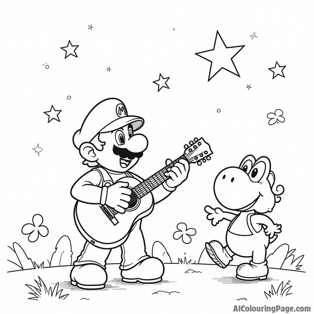 Mario playing the guitar under a starry sky while Yoshi and Toad dance happily around him.